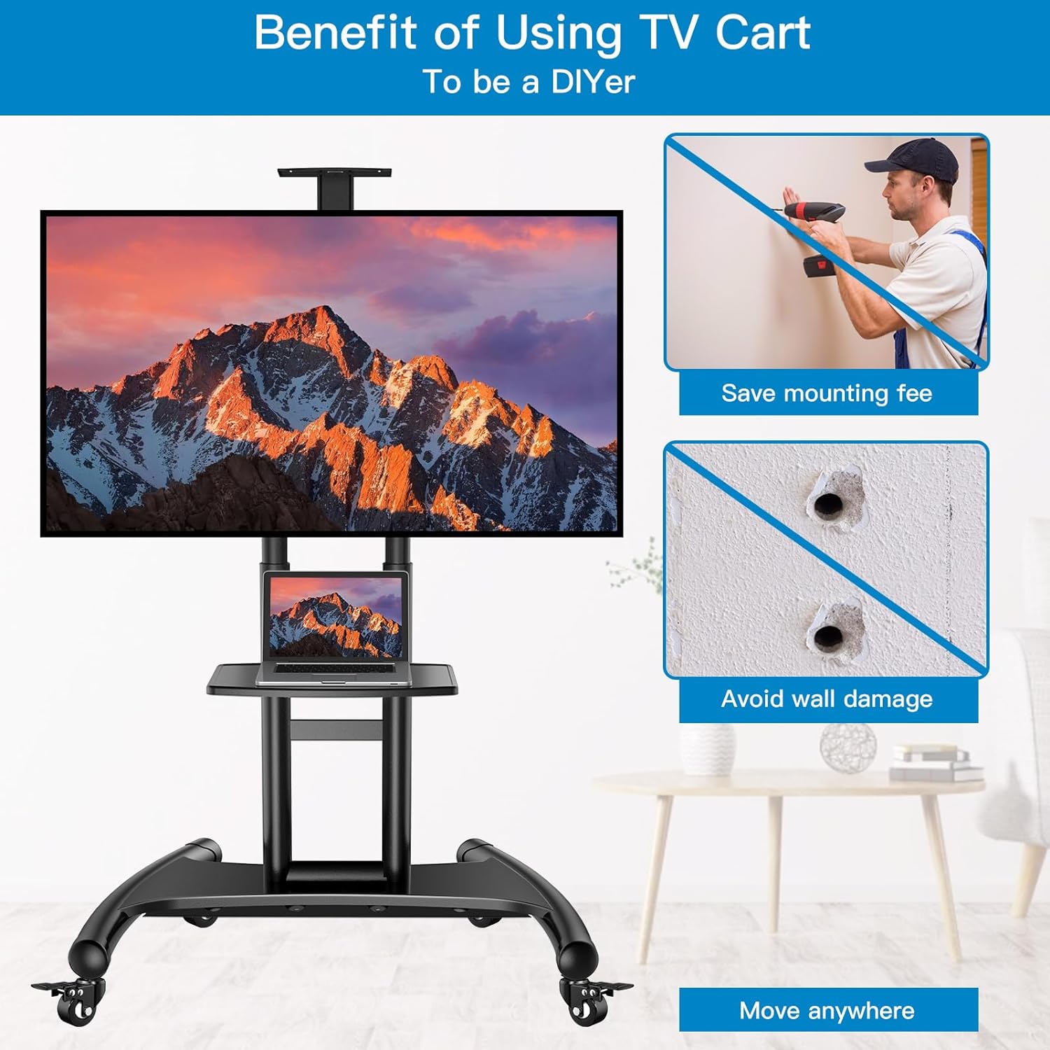 PERLESMITH Rolling/Mobile TV Cart with Wheels for 32-82 Inch LCD LED 4K  Flat Screen TVs – TV Floor Stand with Shelf Holds Up to 100 lbs, Height  Adjustable Trolley Max VESA 600x400mm